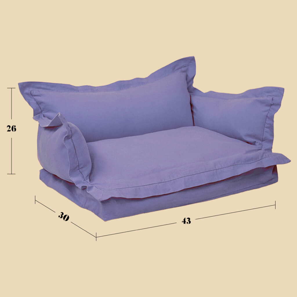 Cozy Pet Sofa Bed - Pillow #15 Lavender Syrup with dimensions in cm (43x30x26)