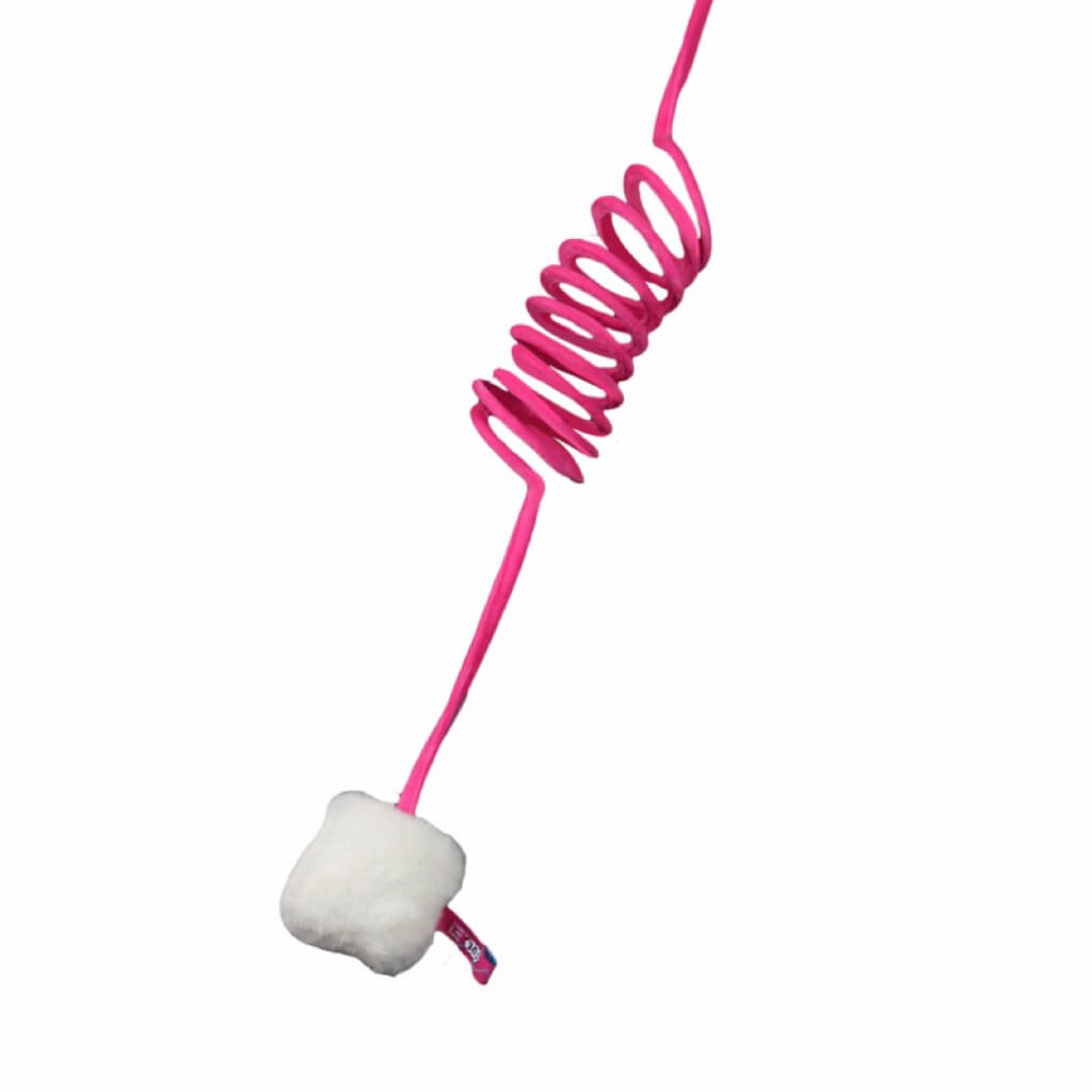 Pink cat spring toy with a fluffy white ball, made from soft and durable materials, ideal for self-play.