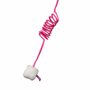 Pink cat spring toy with a fluffy white ball, made from soft and durable materials, ideal for self-play.