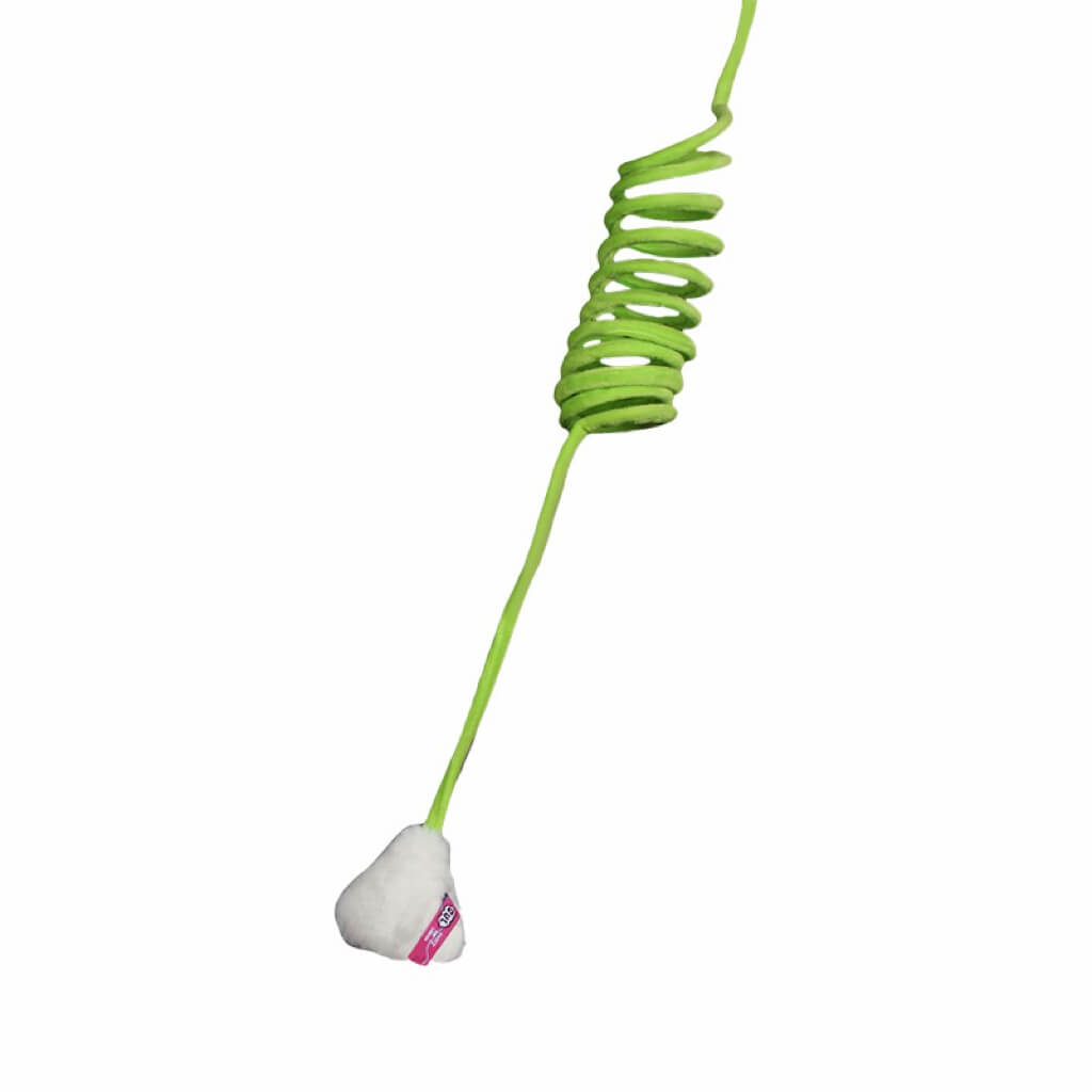 Green cat spring toy showing a durable coiled spring with a fluffy ball attachment, perfect for keeping cats engaged.