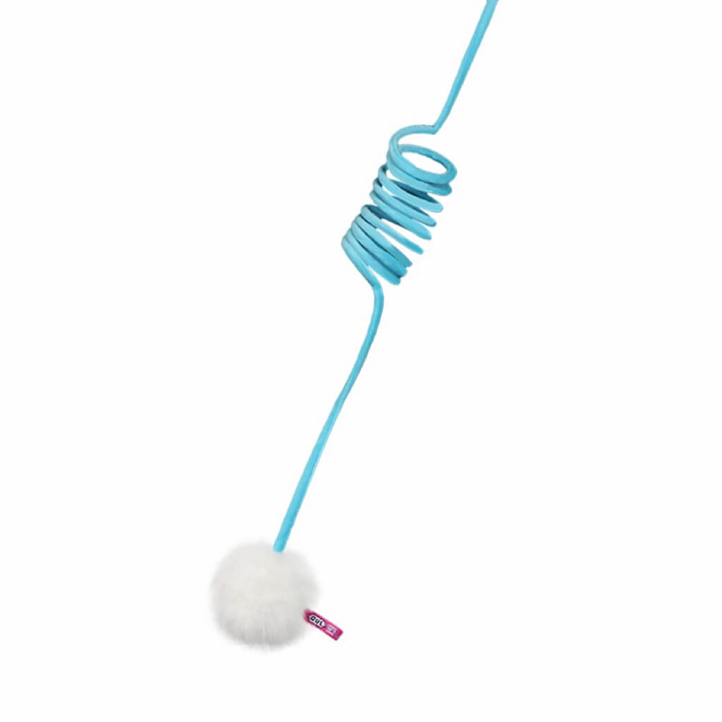 Blue cat spring toy with a fluffy ball at the end, designed to attach easily to any object for endless fun.