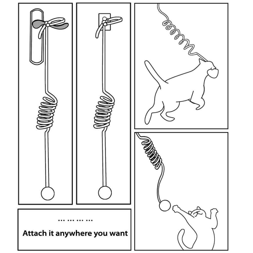 Instructional diagram showing how to attach the Bounce & Play Cat Spring Toy to doors or other objects, encouraging self-entertainment for cats.