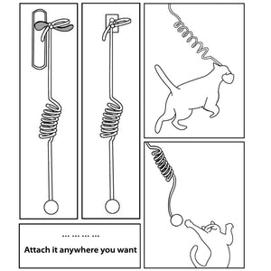 Instructional diagram showing how to attach the Bounce & Play Cat Spring Toy to doors or other objects, encouraging self-entertainment for cats.