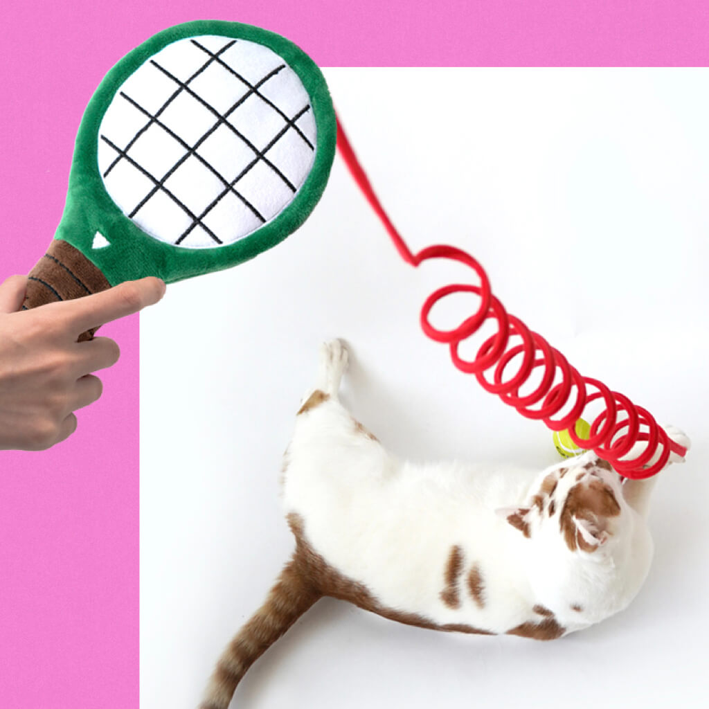 Tennis Racket Cat Toy with a vibrant plush design and bouncy spring for interactive play. Keeps cats engaged and entertained for hours.