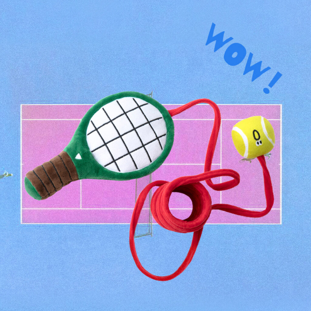 Fun tennis-themed cat toy featuring a plush racket and springy extension for self-entertaining play. Perfect for cats who love to chase and jump.