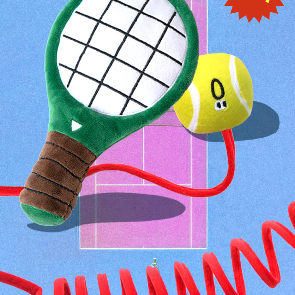 Plush tennis racket cat toy with a coiled spring extension. Attach it anywhere for interactive fun and keep your cat entertained.