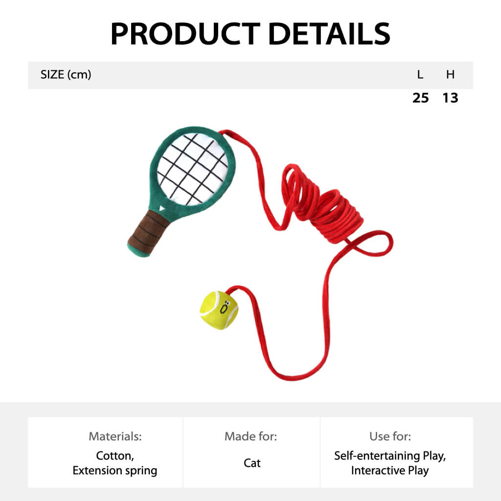 Tennis-themed cat toy with a plush ball and elastic spring. Easy to hang or hold for interactive play sessions with your furry friend.