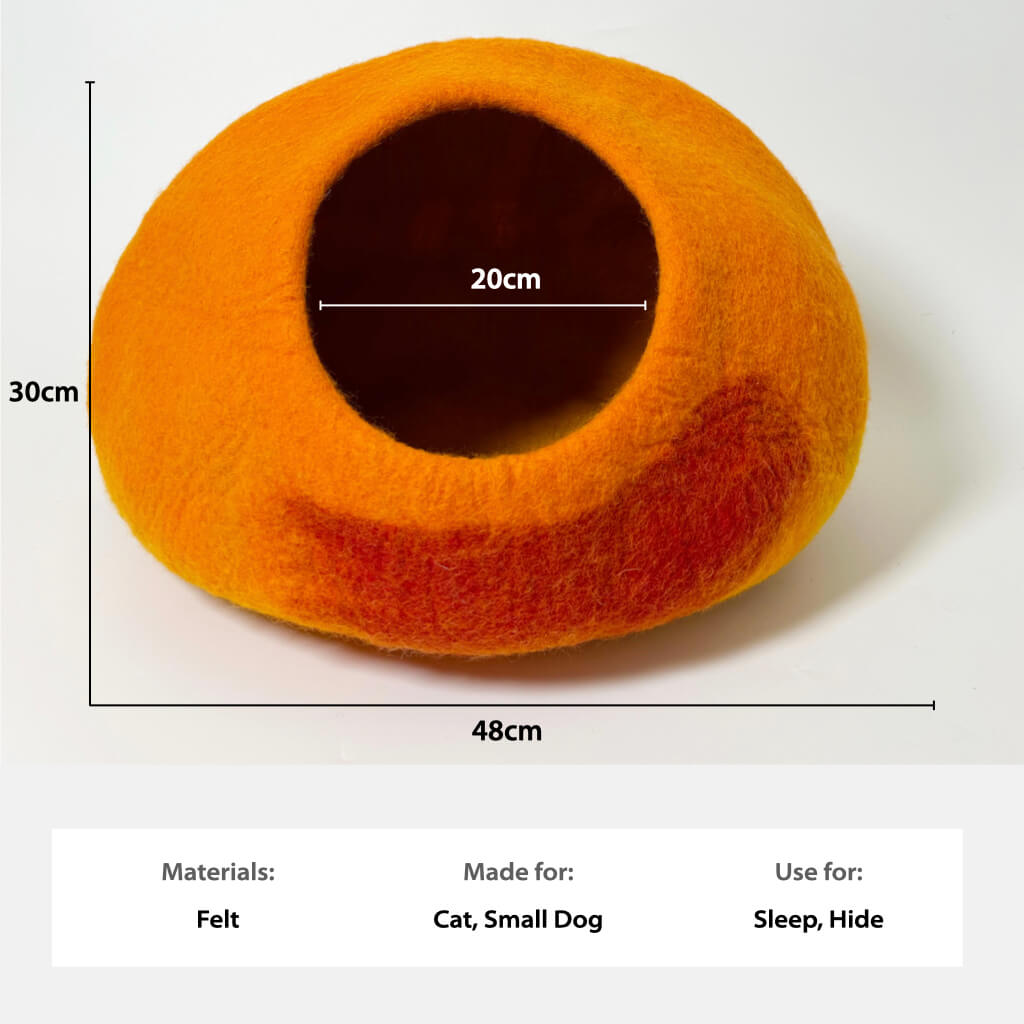 Dimensions of the Cozy Felt Cat Cave displayed, showing a 48cm width, 30cm height, and a 20cm entrance diameter. Handmade wool felt bed for cats and small dogs.