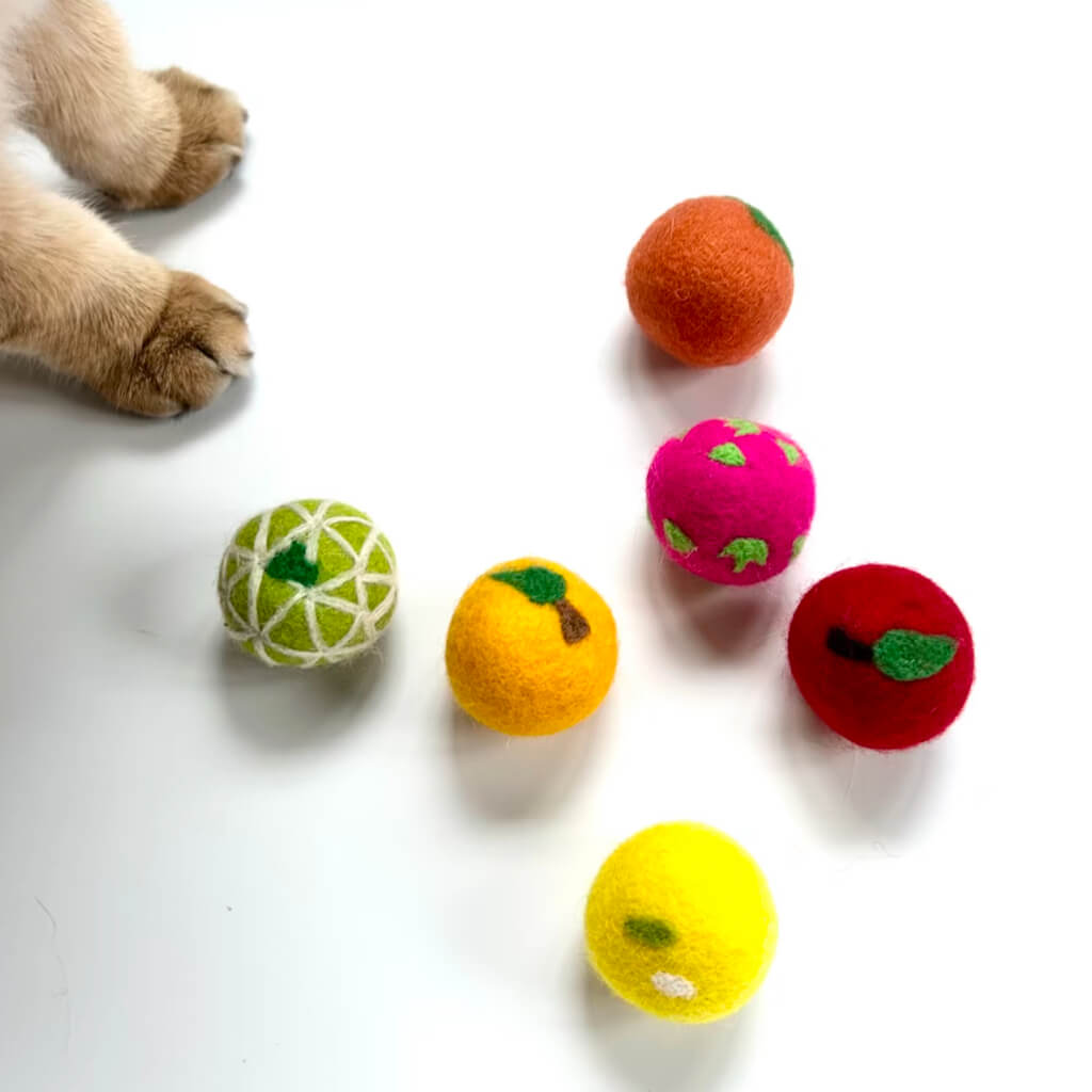  Cat's paws near six handmade wool felt fruit balls. The cat toy set features fruit-inspired designs in bright colors for active feline play and exercise.