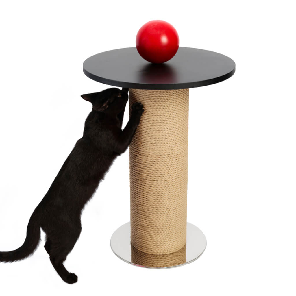 Black cat scratching on the Mid-Century Modern Cat Scratching Post and Side Table in a stylish home setup.