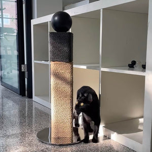 Mid-Century Modern Matchstick Cat Scratching Post with black wooden sphere top, sustainable materials, and mirrored stainless steel base.