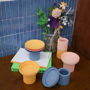 Purrre Teeth Party Pet Bowl Collection - Display of vibrant and colorful pet bowls in Sunset Yellow, Airy Blue, and Coral Pink, adding a pop of color to your interior.