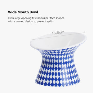 Wide mouth design of ZEZE Elevated Ceramic Bowl - Blue Rhombus with dimensions.