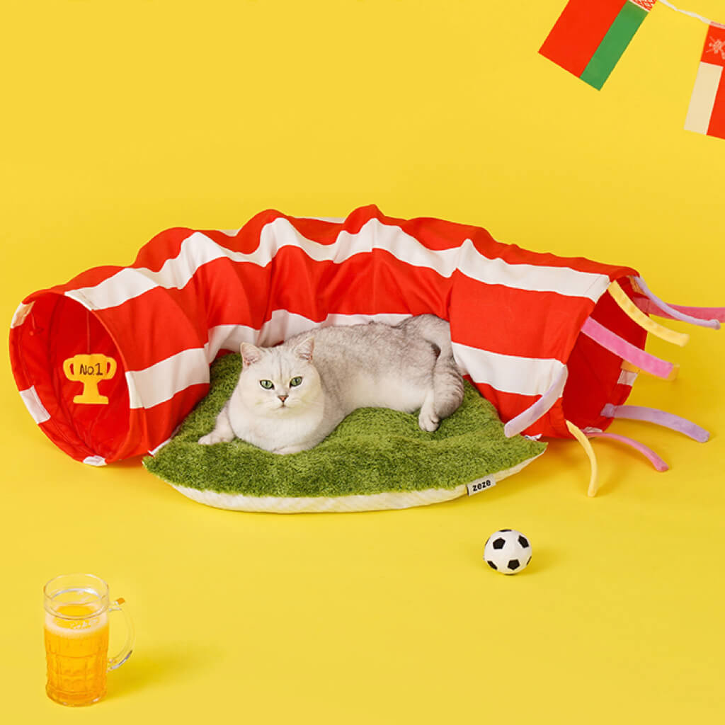 Cat resting on the grass-textured bed with the ZEZE Football Field Cat Tunnel Toy.