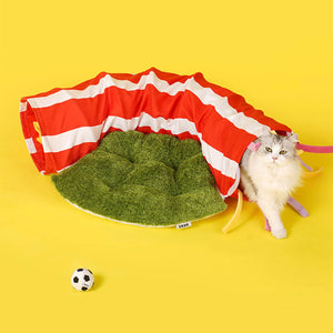 Close-up of a cat holding a plush football next to the ZEZE Football Field Cat Tunnel Toy.