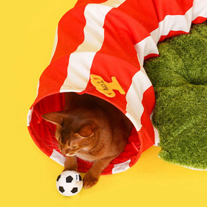 Close-up of a cat holding a plush football next to the ZEZE Football Field Cat Tunnel Toy.