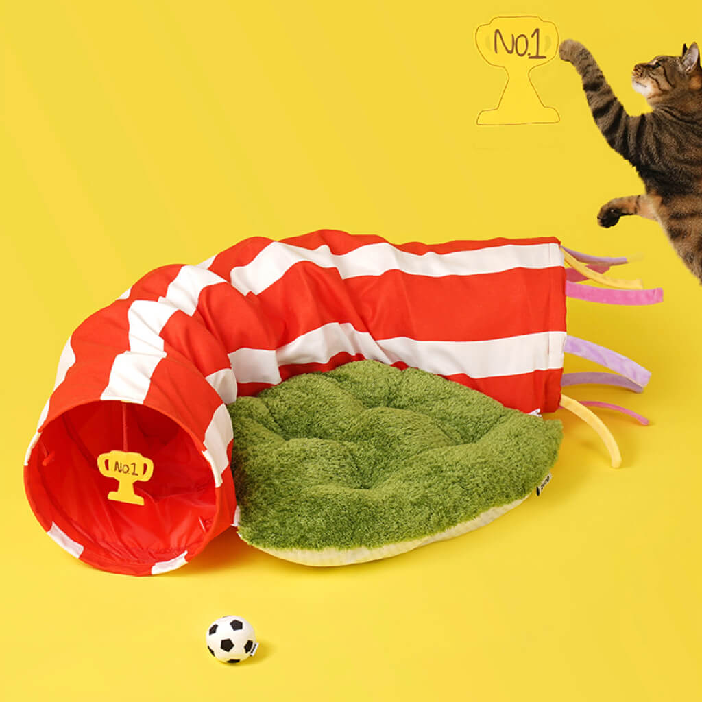 ZEZE Football Field Cat Tunnel Toy and plush bed, creating a fun space for cats to play and relax.