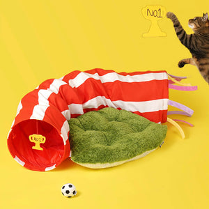 ZEZE Football Field Cat Tunnel Toy and plush bed, creating a fun space for cats to play and relax.