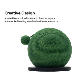 Close-up of the Green Cactus Ball Sisal Cat Scratcher highlighting its creative design.