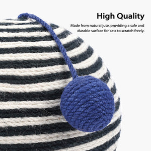 A detailed view of the durable blue teaser ball attached to the top of the ZEZE Memphis Striped Sisal Cat Scratch Ball, encouraging playful interaction.