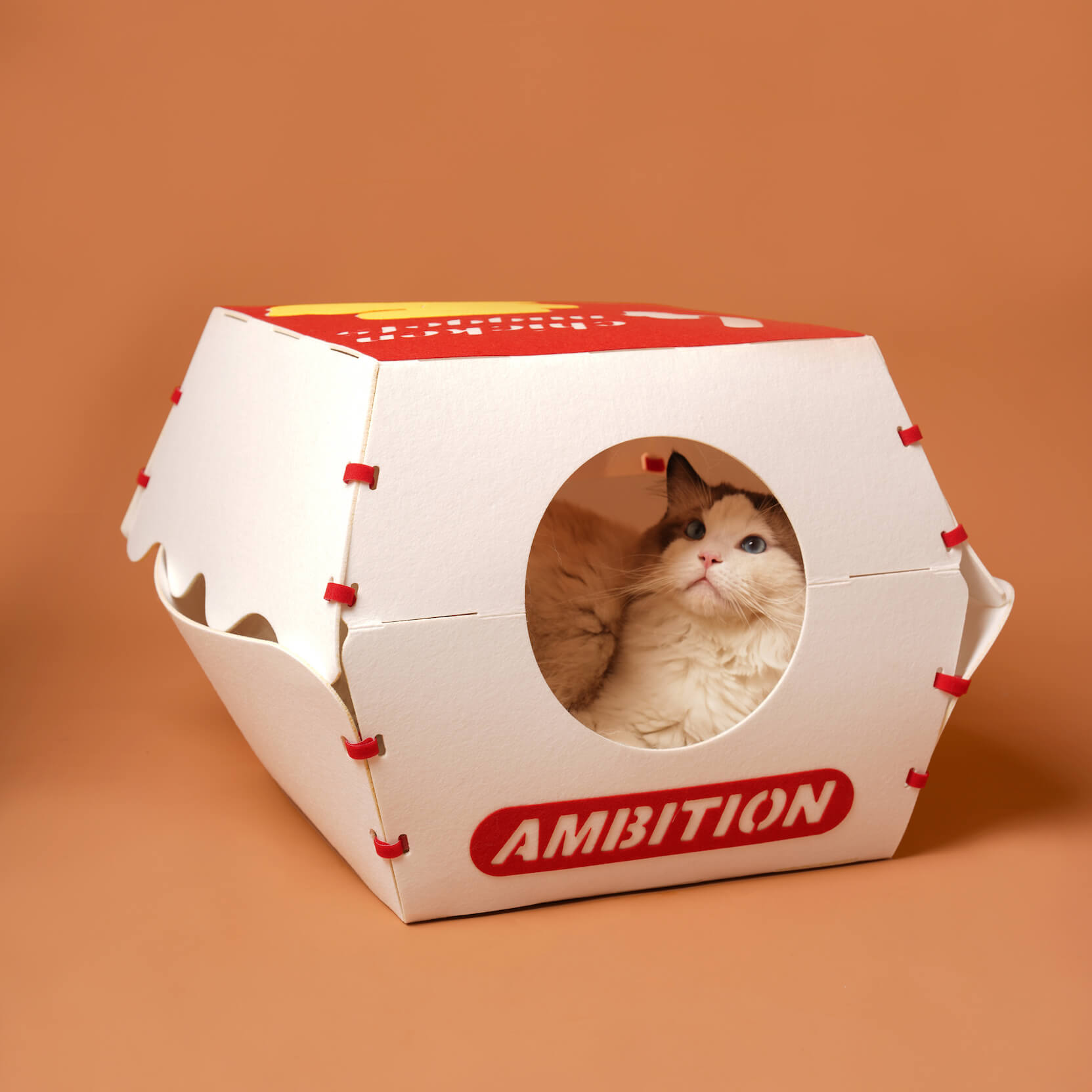 Fluffy cat lounging inside the Nugget Box Cat Hideaway with a nugget box design.