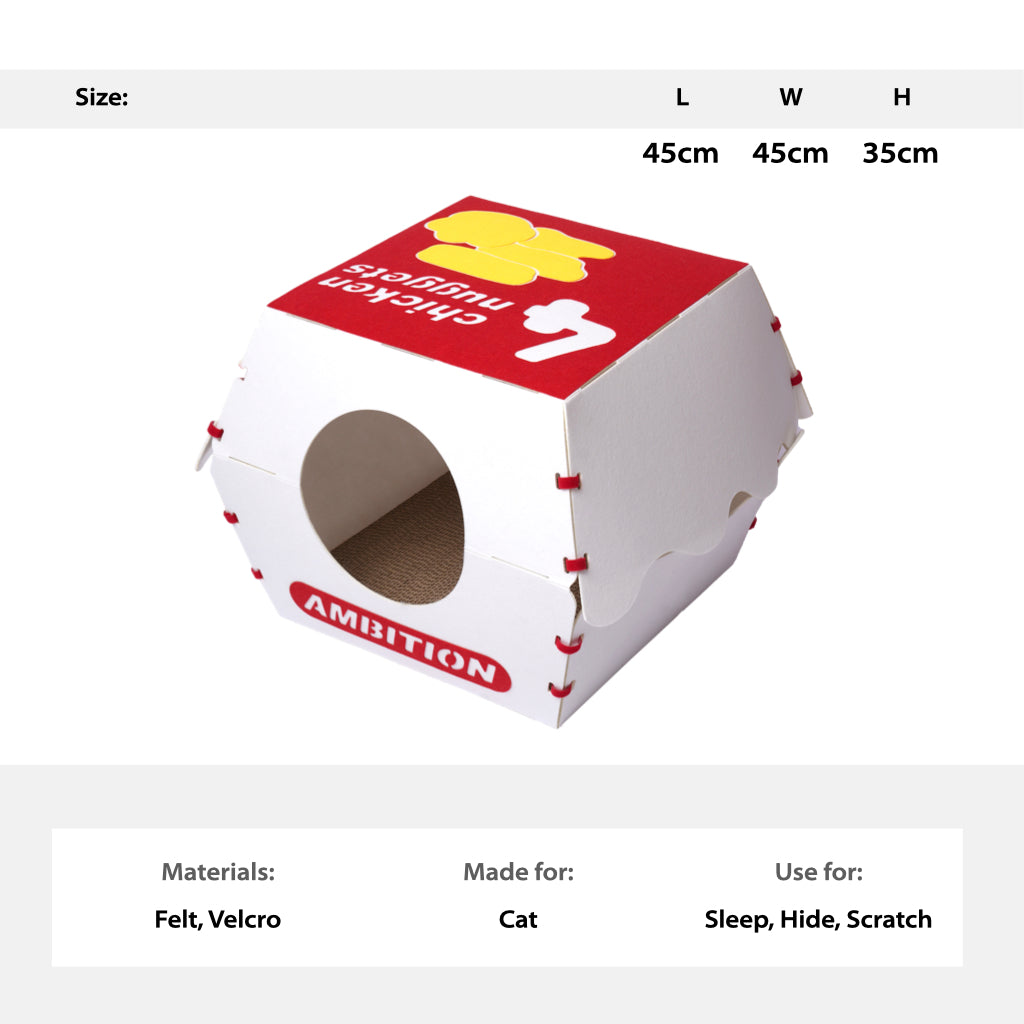 Product dimensions and material breakdown for the Nugget Box Cat Hideaway, detailing the felt and velcro materials and the overall size.