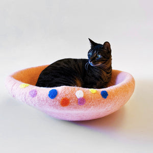 cat lounging in an open felt cat bed with colorful polka dots, flattened into a cozy bowl shape.