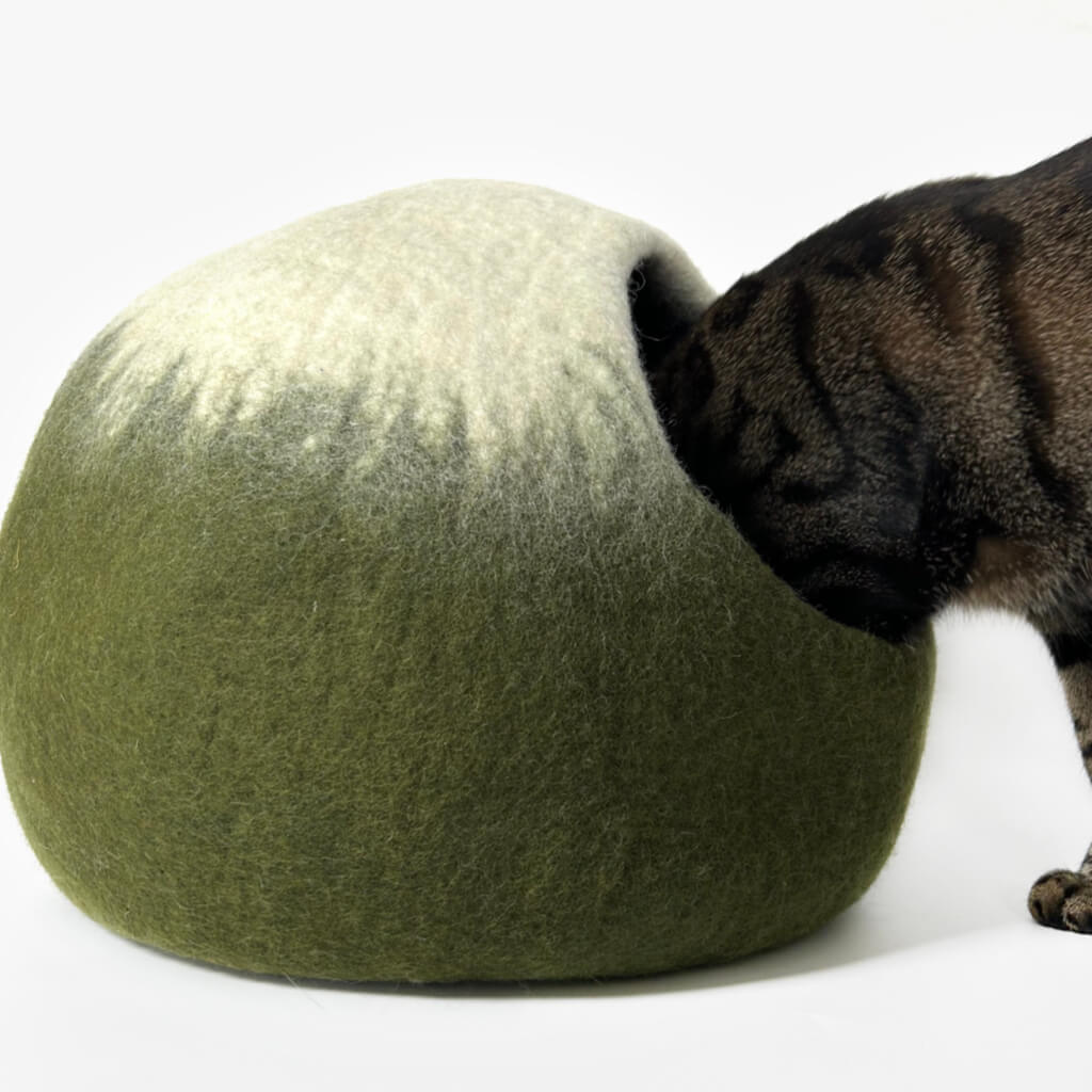 Back view of a tabby cat entering the matcha green felt cat cave, showing off the ombré color design.