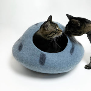 Two cats interacting near an Ocean Blue cat bed, one resting inside the cozy felt cave.