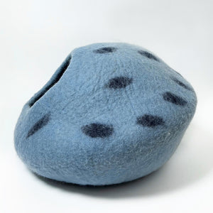 Ocean Blue felt cat cave with dark blue spots for a modern and cozy hideaway.