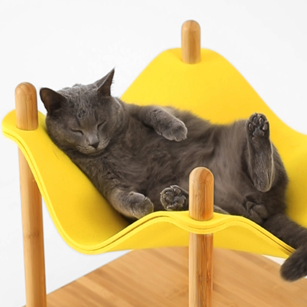 cat lounging comfortably on a yellow felt replacement for the Smelling Felt Cat Bed