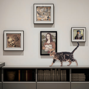 A gallery wall featuring various art-inspired scratchers, including Leonardo da Vinci’s sketches, Mona Lisa with a cat, and a cat walking across the table.