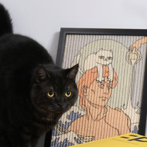 A framed scratcher with Michelangelo's "David" reimagined with a cat, and a black cat in the foreground.