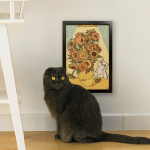 A dark gray cat sitting next to a Van Gogh sunflower-inspired painting scratcher.