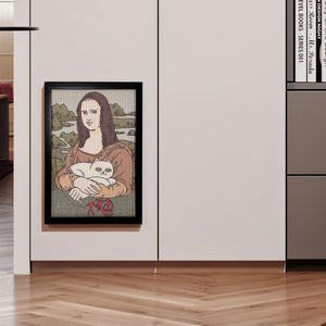 A Mona Lisa painting reimagined with a cat, framed as a scratcher, placed in a modern home.