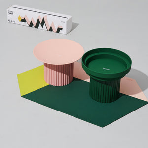 Chroma Party Pet Dining Mat - #Power Green styled with pink and green pet bowls.